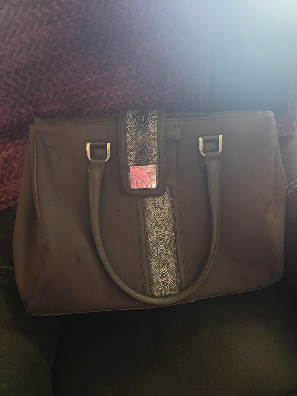 Studio Brown Tote with Snake-Print Center Stripe